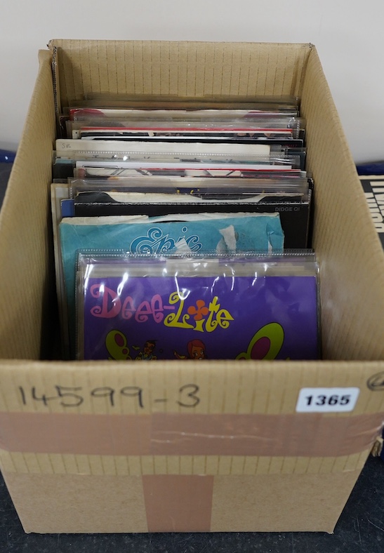 Sixty 7” singles, artists including; Queen, Led Zeppelin, Elton John, Madonna, U2, Steve Winwood, etc. Condition - fair to good